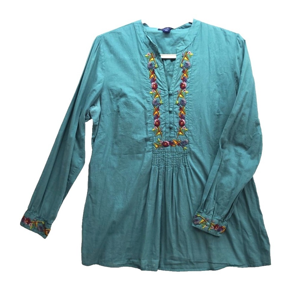 Boho Embroidered Womens Top Dk Teal Floral Festival‎